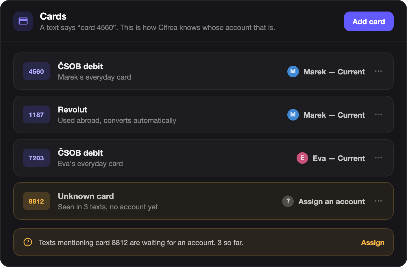 The card list, mapping four digits to an account