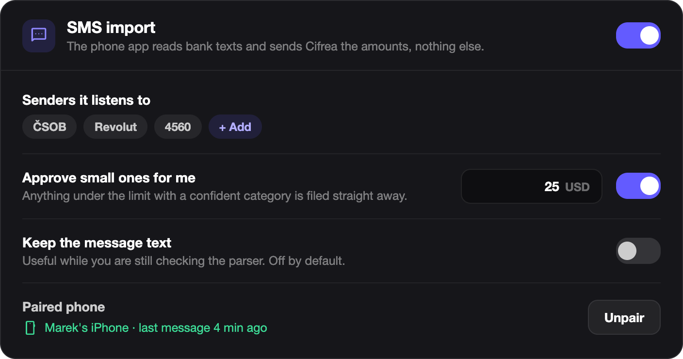 Settings, with Bank SMS between Import and People
